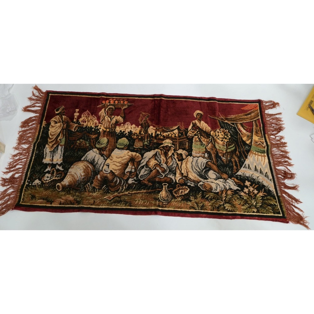 Vintage Middle Eastern Desert Marketplace Velvet Tapestry Fringed Rug 40"×22"